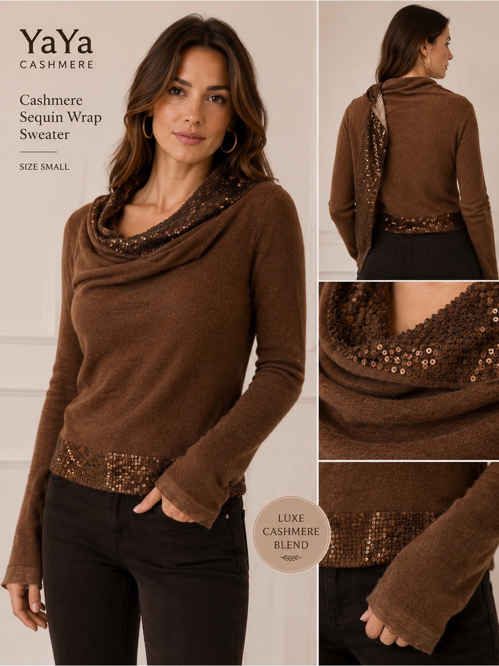 YaYa Cashmere Blend Sequin Wrap Sweater Brown Draped Cardigan Top Small